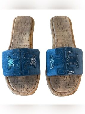 Tory Burch Blue Suede Cork Slide Sandals Double T Logo Patent Sz 7.5